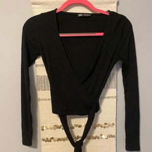 Black long sleeve top with tie in front